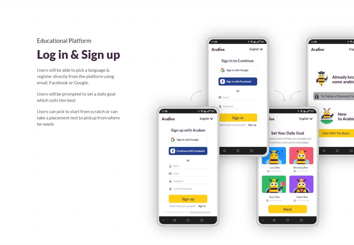 Log in and sign up, including the daily goal and placement test.
