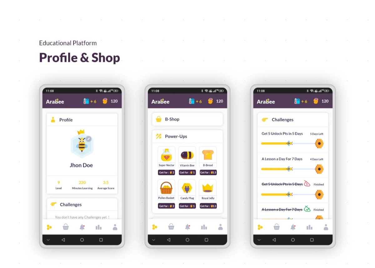 Profile and shop screens, with power-ups and challenges.