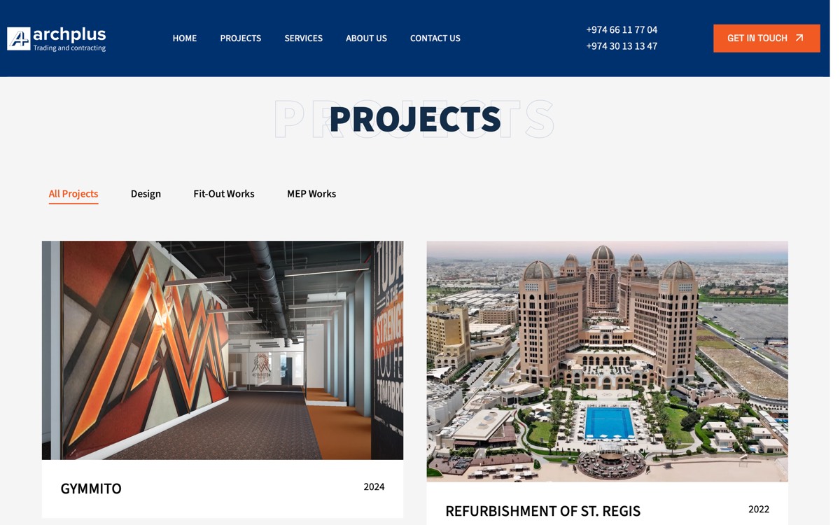 The projects index, filterable by design, fit-out and MEP work.
