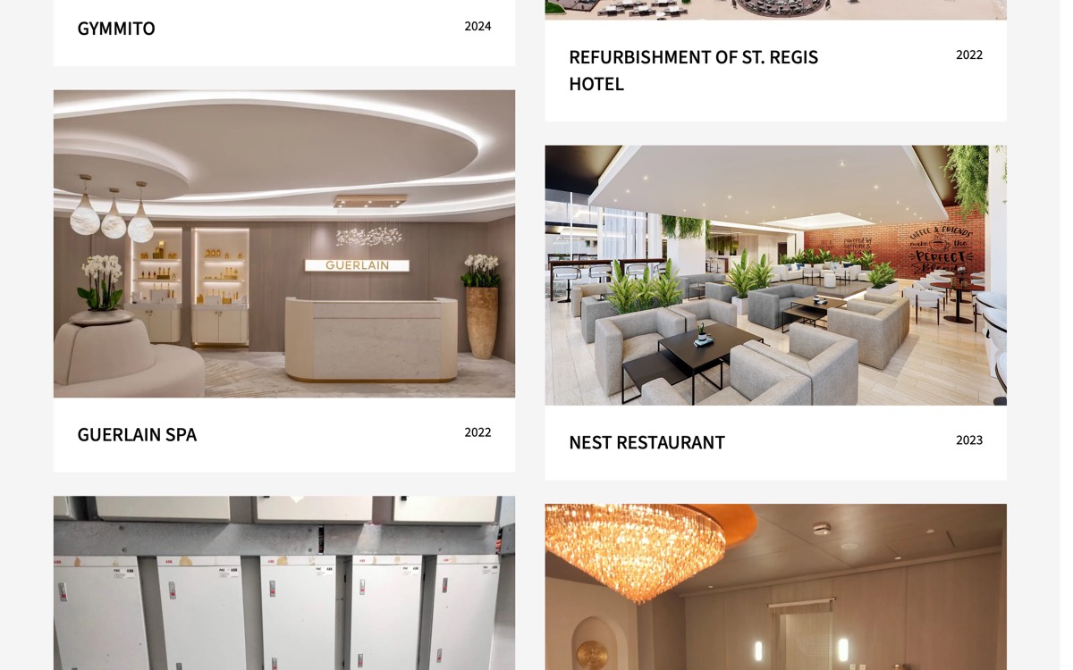 Project cards for Gymmito, the St. Regis refurbishment and Guerlain Spa.