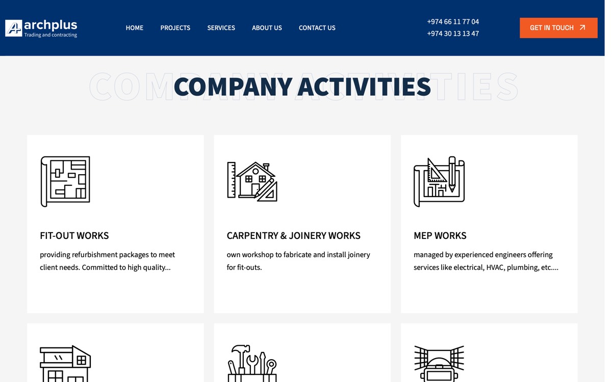 The company activities page, breaking out each service line.
