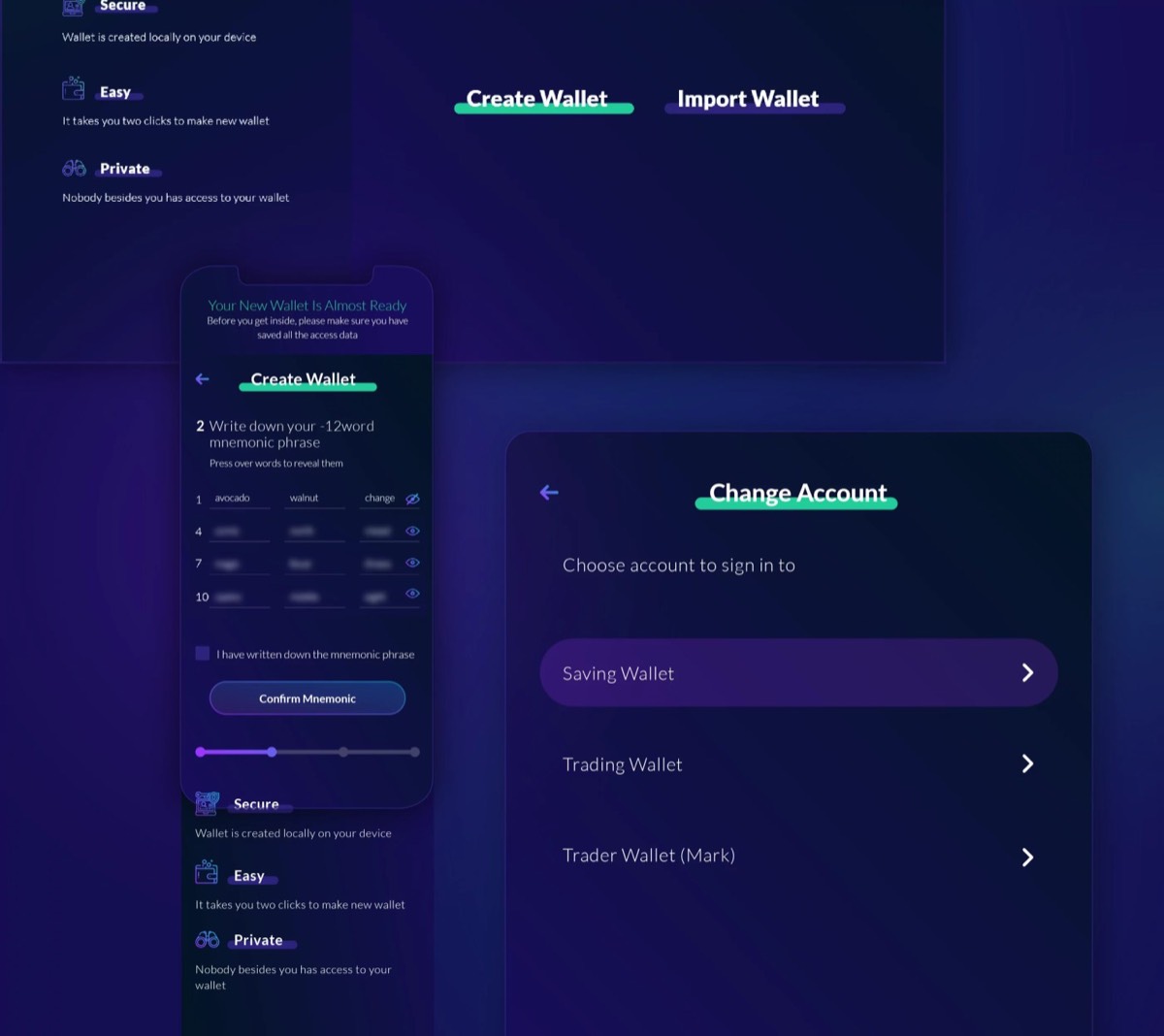 The create-wallet and import-wallet flow, including the recovery phrase step.