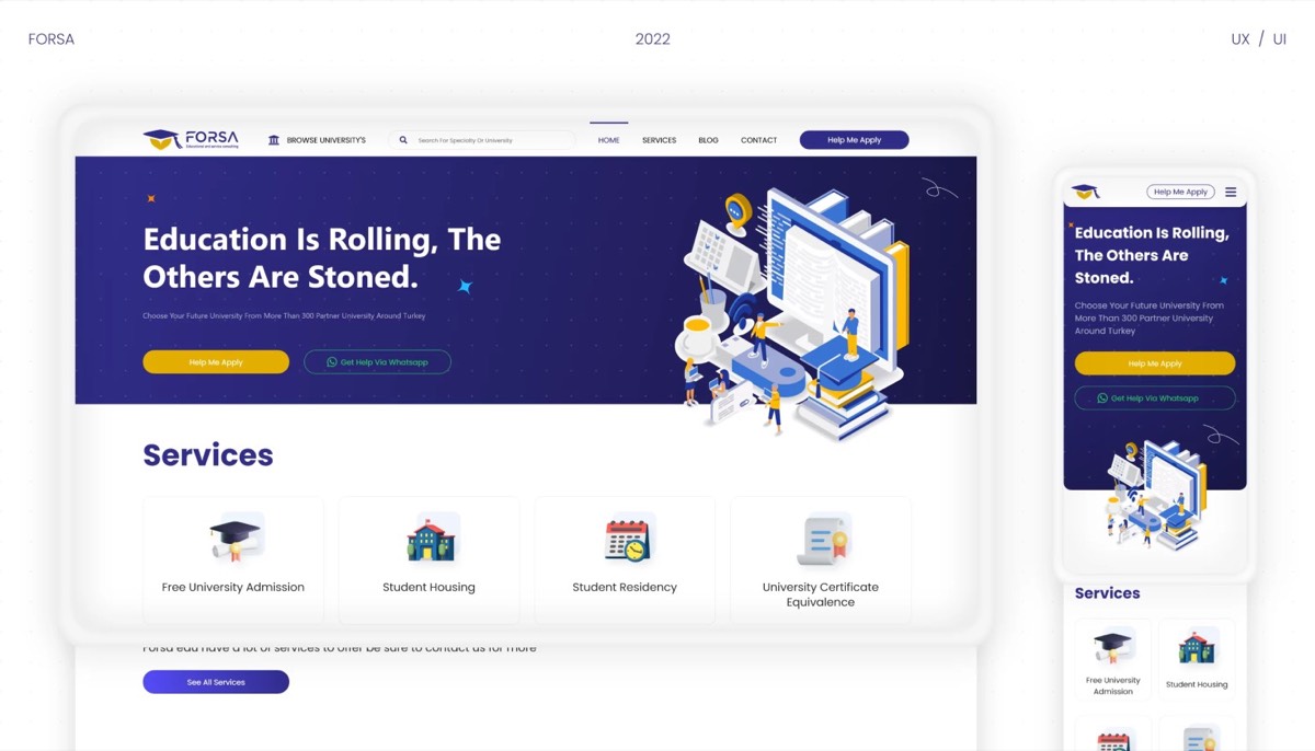 The home page on desktop and mobile, with the services row.