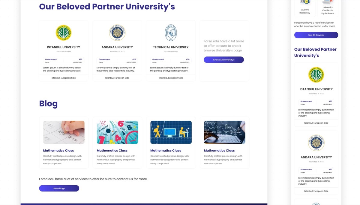 Partner universities and the blog listing.