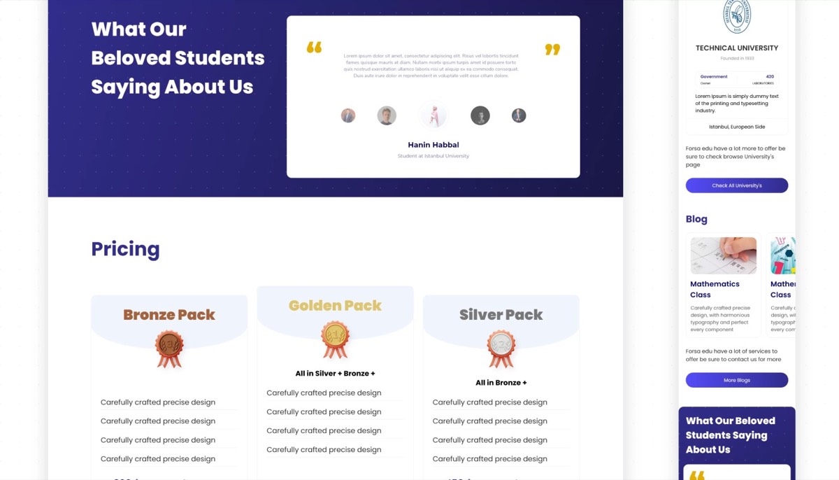 Student testimonials and the pricing packs.
