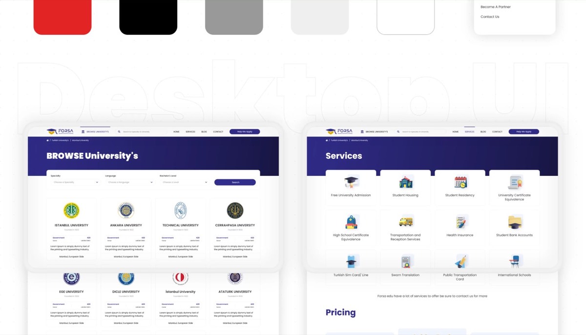 The browse-universities and services pages.