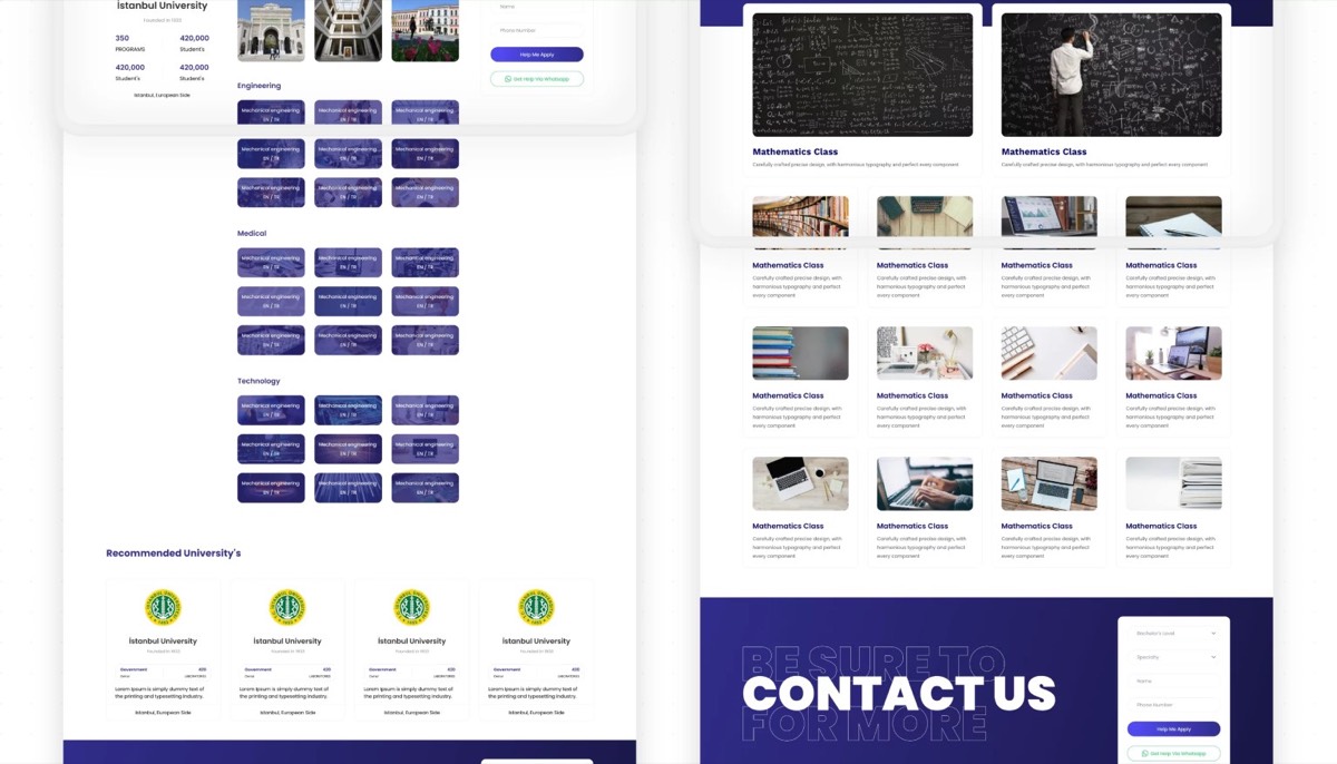 The full desktop UI, with university listings and course cards.