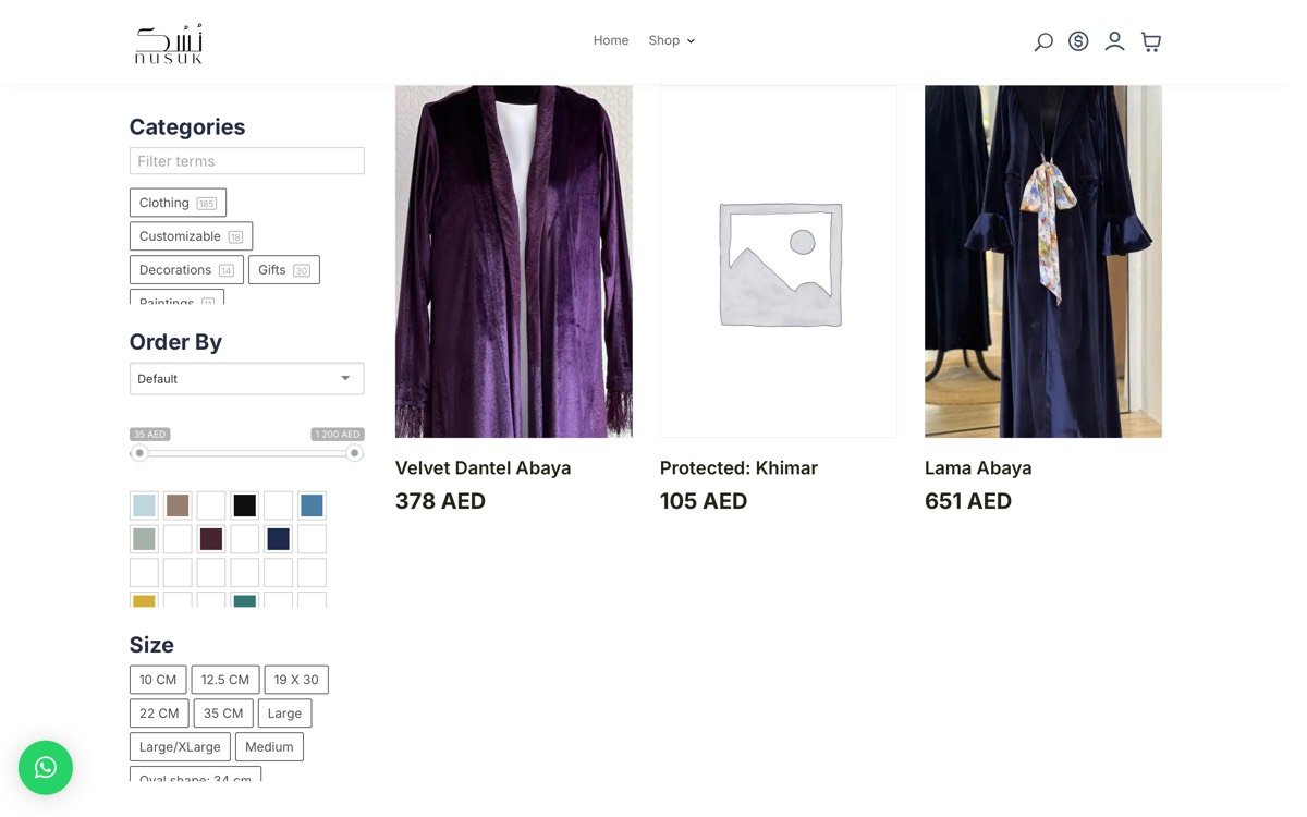 The shop page, with category filters down one side and the product grid beside them.