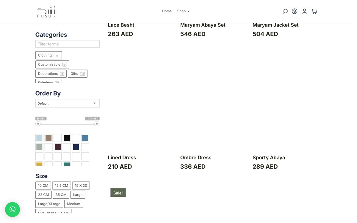 Product listings with prices, colour options and size filters.