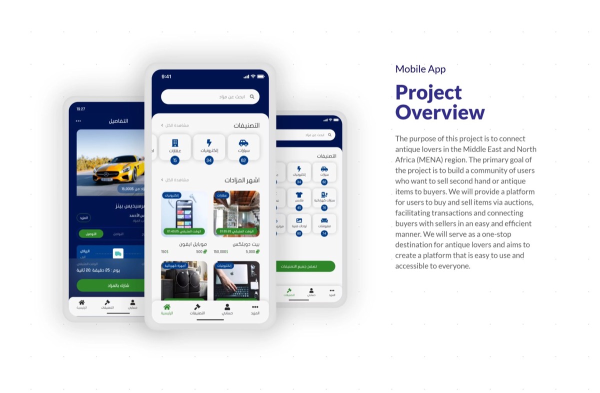 The project overview, showing home, categories and live auctions.